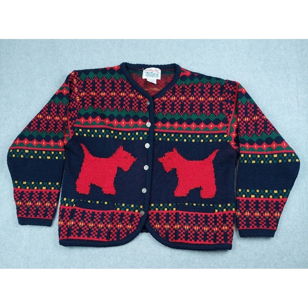 Vtg Tally Ho Creation Pollak Cardigan Womens Sweater Fair Isle Scottish Tier Dog